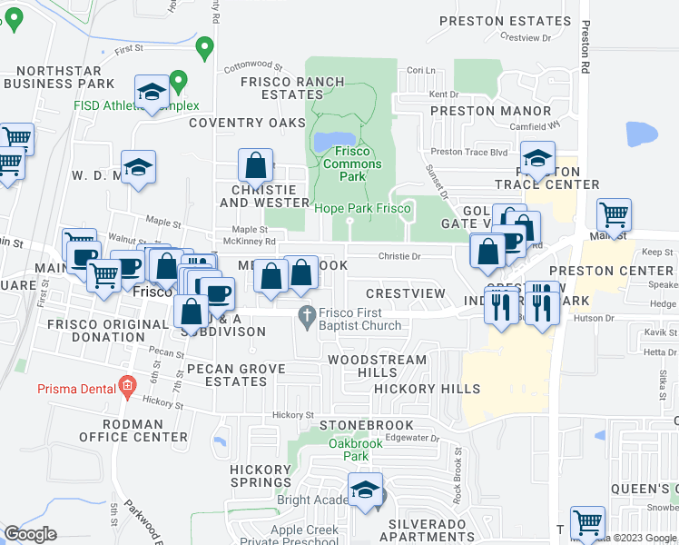 map of restaurants, bars, coffee shops, grocery stores, and more near 9135 Meadow Lane in Frisco