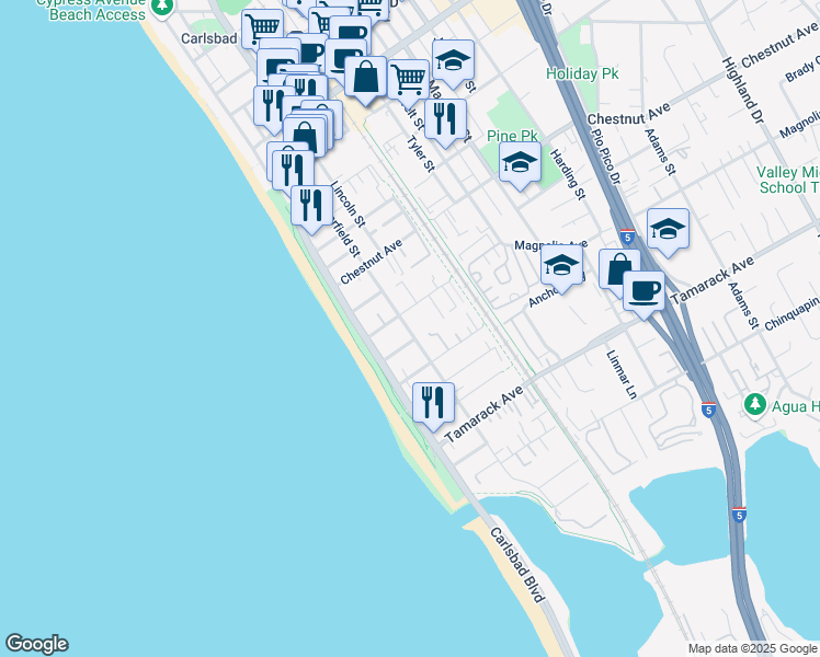 map of restaurants, bars, coffee shops, grocery stores, and more near 3564 Garfield Street in Carlsbad