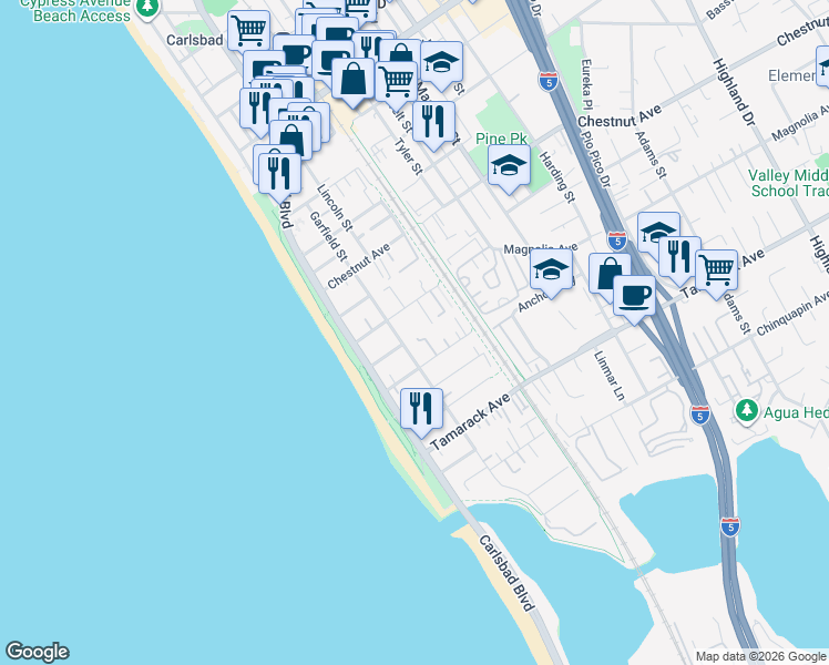 map of restaurants, bars, coffee shops, grocery stores, and more near 3586 Garfield Street in Carlsbad