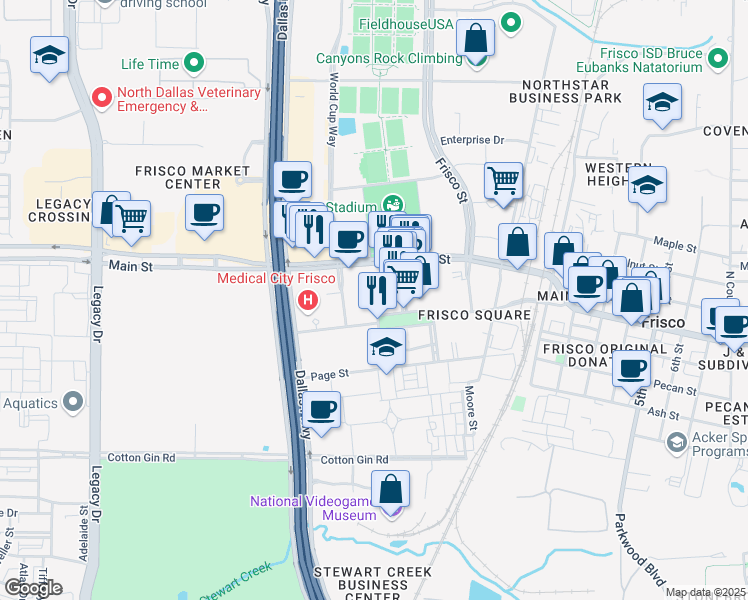 map of restaurants, bars, coffee shops, grocery stores, and more near 5720 Frisco Square Boulevard in Frisco