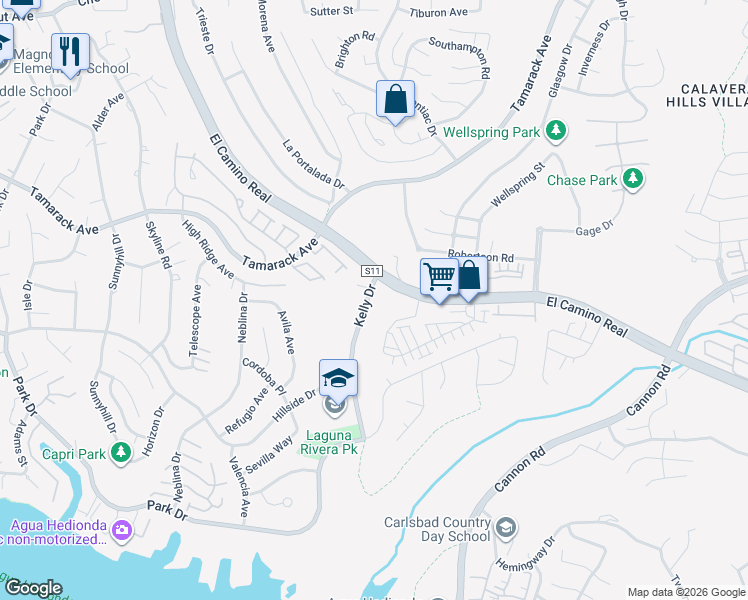 map of restaurants, bars, coffee shops, grocery stores, and more near 4820 Kelly Drive in Carlsbad