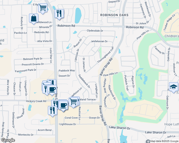 map of restaurants, bars, coffee shops, grocery stores, and more near 6313 Thoroughbred Trail in Denton