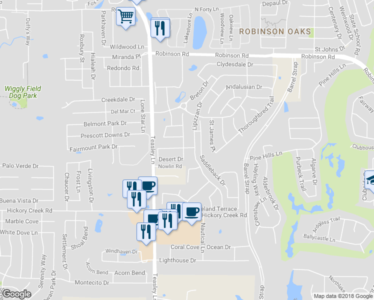 map of restaurants, bars, coffee shops, grocery stores, and more near 6301 English Saddle Lane in Denton