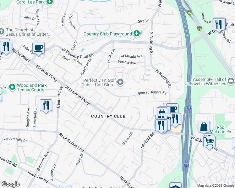 map of restaurants, bars, coffee shops, grocery stores, and more near 1719 Cortez Avenue in Escondido