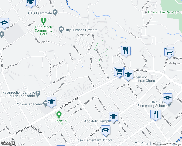 map of restaurants, bars, coffee shops, grocery stores, and more near 1407 Timber Glen in Escondido