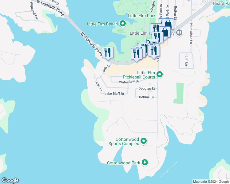 map of restaurants, bars, coffee shops, grocery stores, and more near 1133 Lake Bluff Drive in Little Elm