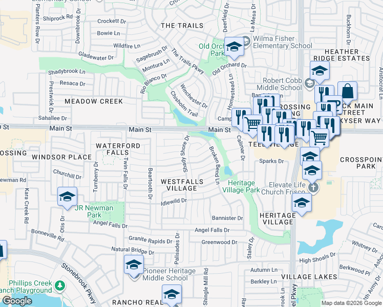 map of restaurants, bars, coffee shops, grocery stores, and more near 2101 Copperfield Court in Frisco