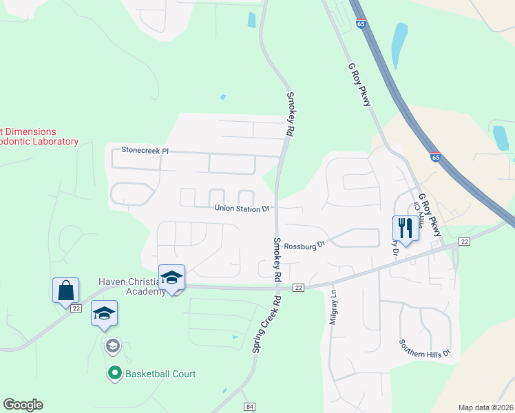 map of restaurants, bars, coffee shops, grocery stores, and more near 300 Union Station Way in Calera