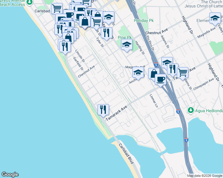 map of restaurants, bars, coffee shops, grocery stores, and more near 318 Juniper Avenue in Carlsbad