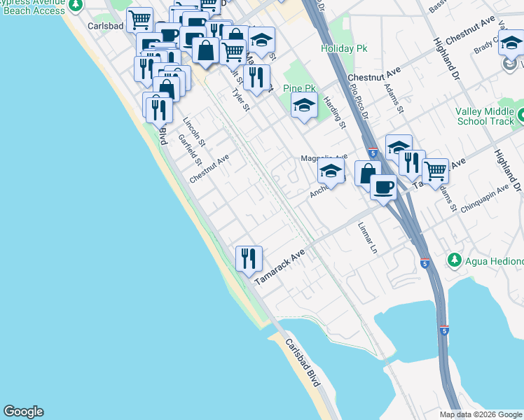 map of restaurants, bars, coffee shops, grocery stores, and more near 318 Juniper Avenue in Carlsbad