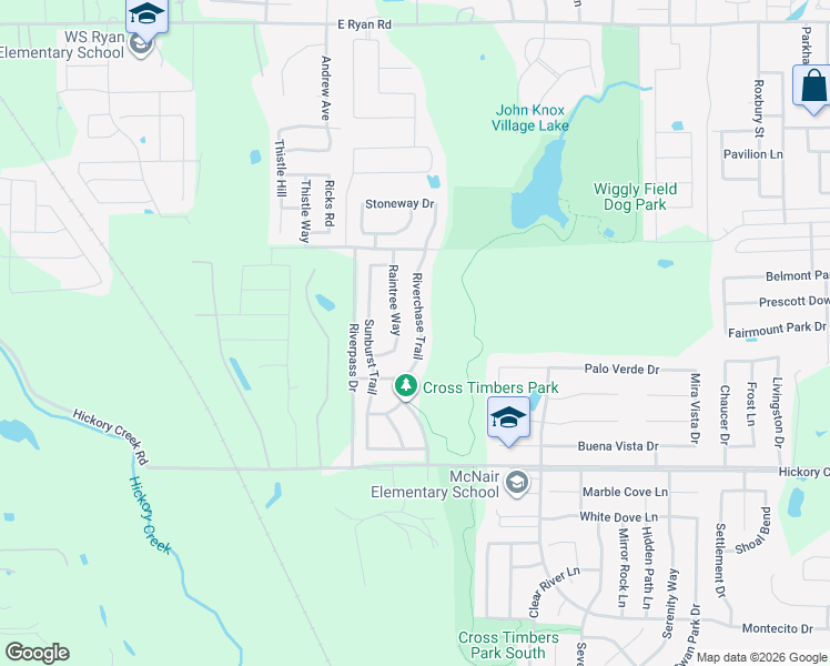 map of restaurants, bars, coffee shops, grocery stores, and more near 7212 Riverchase Trail in Denton