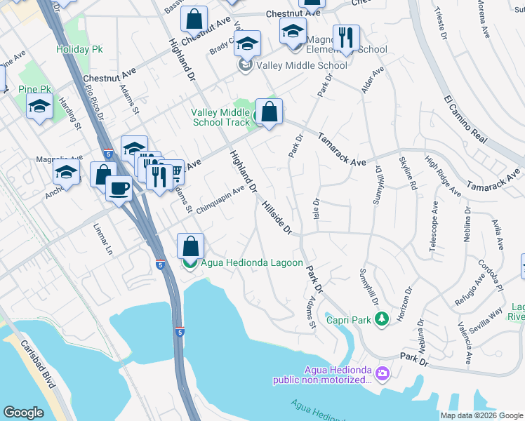 map of restaurants, bars, coffee shops, grocery stores, and more near 4158 Highland Drive in Carlsbad
