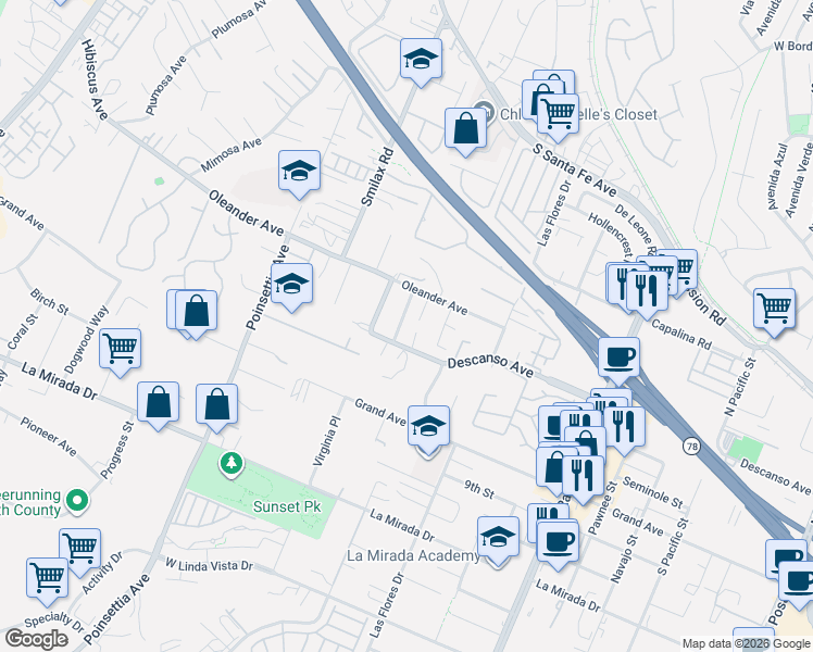 map of restaurants, bars, coffee shops, grocery stores, and more near 3224 Descanso Avenue in San Marcos
