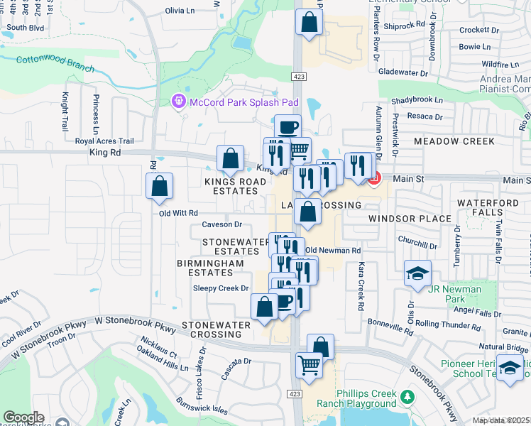 map of restaurants, bars, coffee shops, grocery stores, and more near 2027 Old Witt Road in Frisco