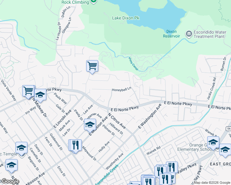 map of restaurants, bars, coffee shops, grocery stores, and more near 2521 Honeybell Lane in Escondido