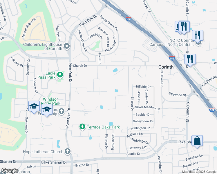 map of restaurants, bars, coffee shops, grocery stores, and more near 1806 Monaco Drive in Corinth