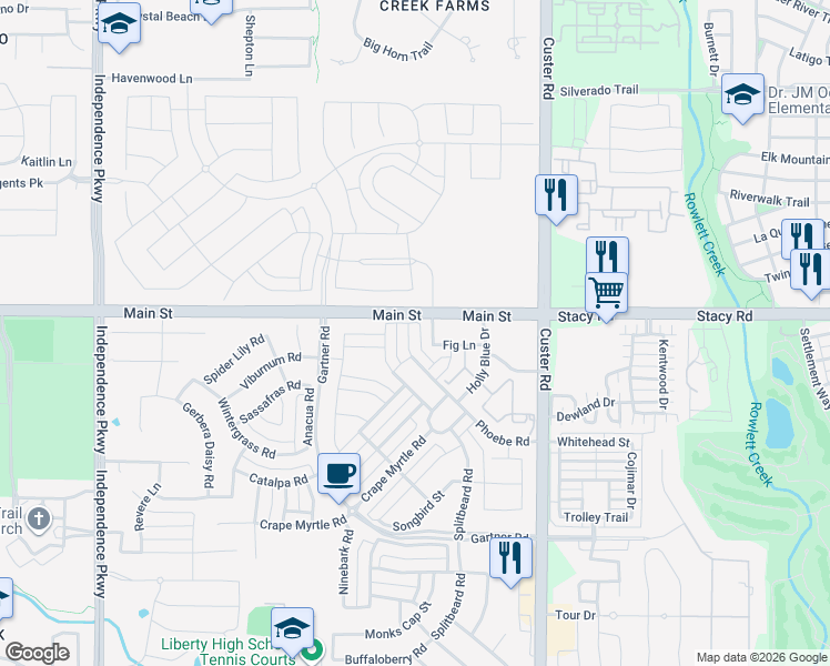 map of restaurants, bars, coffee shops, grocery stores, and more near 96A Main Street in Frisco