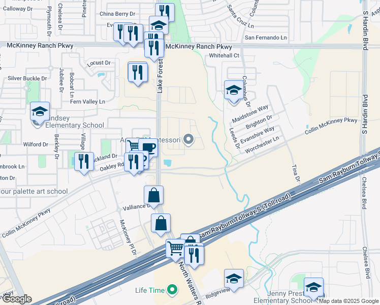 map of restaurants, bars, coffee shops, grocery stores, and more near 4833 Shore Crest Drive in McKinney