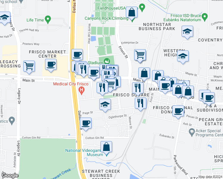 map of restaurants, bars, coffee shops, grocery stores, and more near 8100 Coleman Boulevard in Frisco