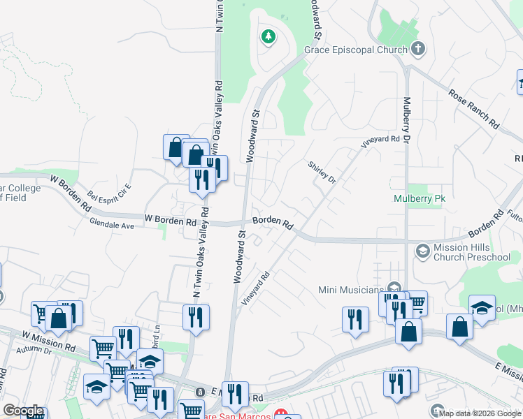 map of restaurants, bars, coffee shops, grocery stores, and more near 406 Borden Road in San Marcos