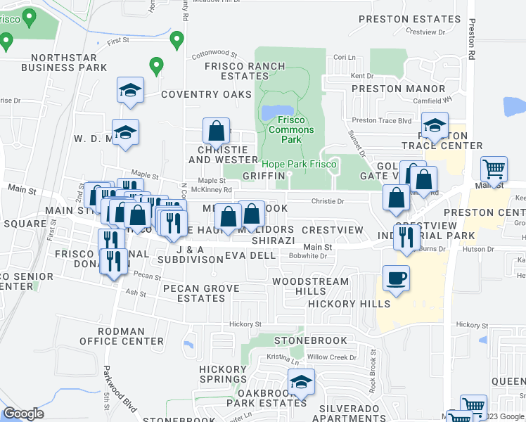map of restaurants, bars, coffee shops, grocery stores, and more near 9149 Meadowcrest Avenue in Frisco