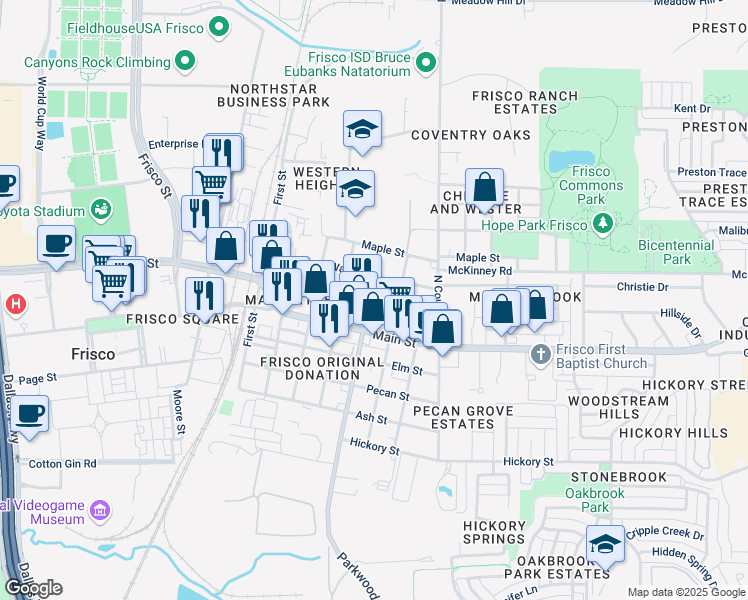 map of restaurants, bars, coffee shops, grocery stores, and more near 9008 5th Street in Frisco