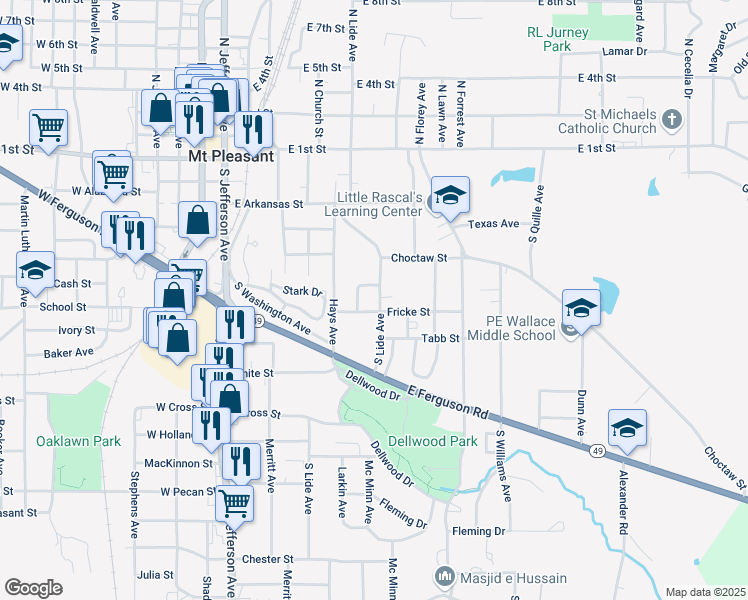 map of restaurants, bars, coffee shops, grocery stores, and more near 608 South Lide Avenue in Mount Pleasant