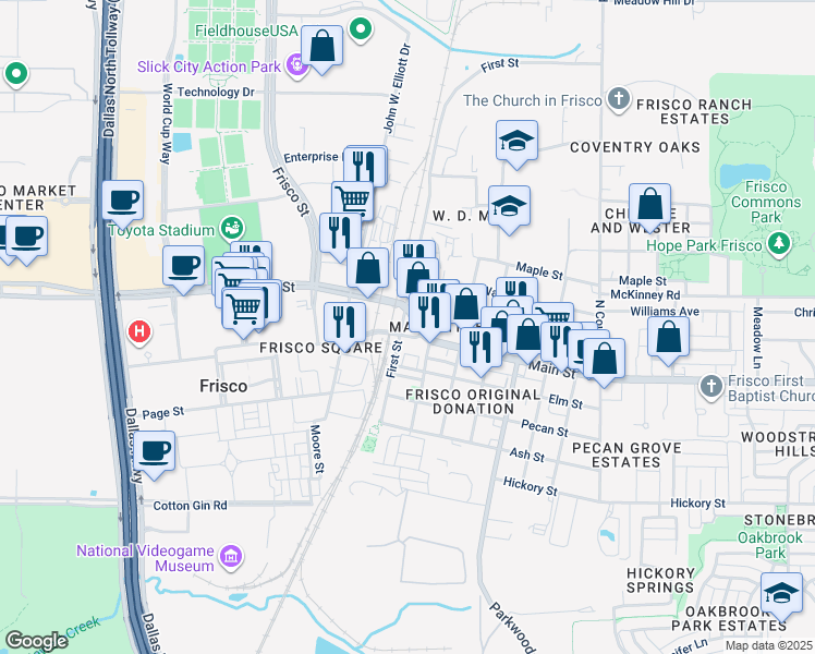 map of restaurants, bars, coffee shops, grocery stores, and more near 6623 Main Street in Frisco