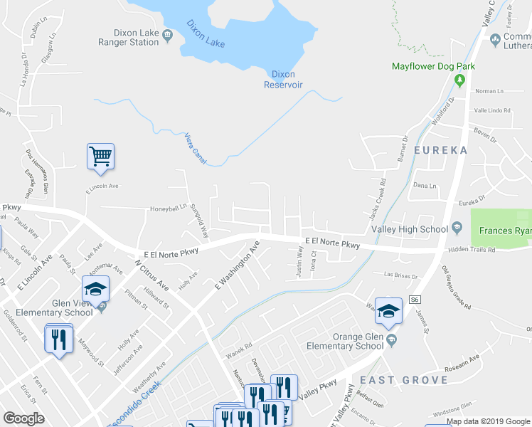 map of restaurants, bars, coffee shops, grocery stores, and more near 621 Stoneybrae Place in Escondido