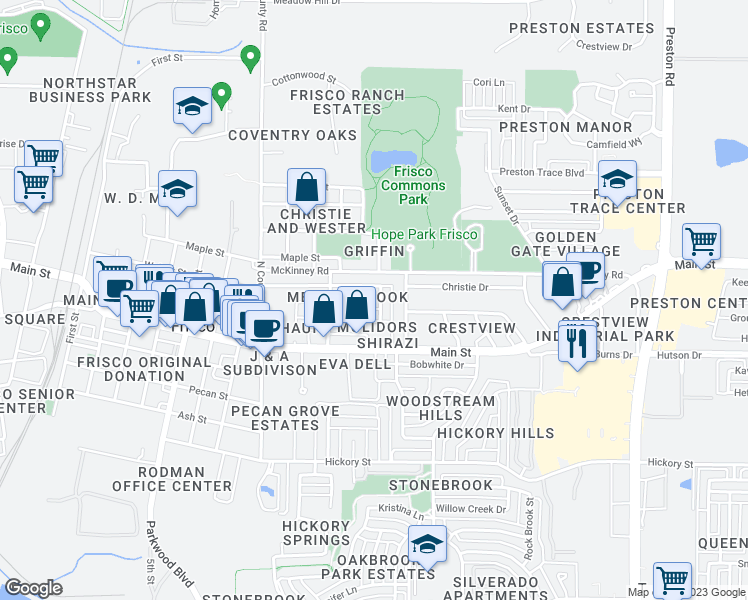 map of restaurants, bars, coffee shops, grocery stores, and more near 9149 Meadowcrest Avenue in Frisco