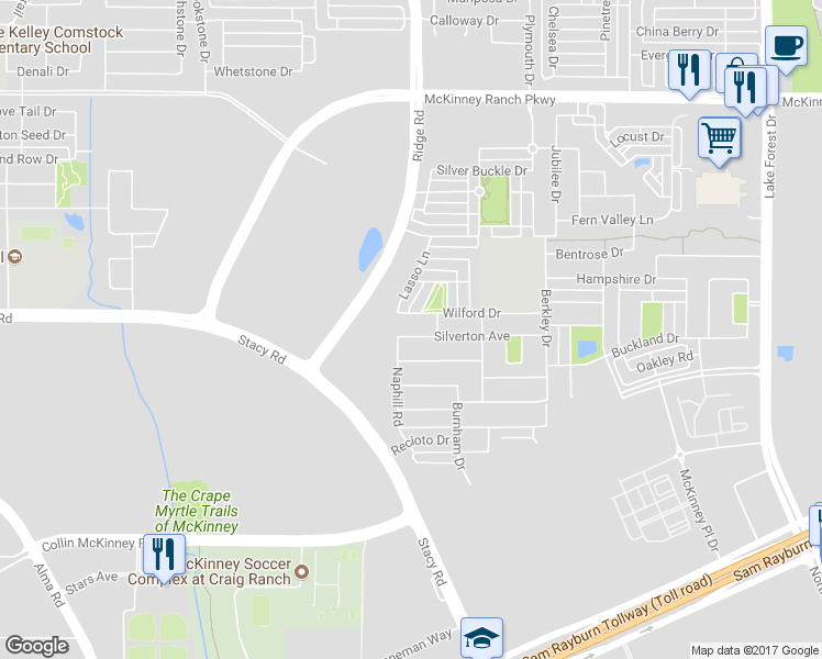 map of restaurants, bars, coffee shops, grocery stores, and more near 5920 Silverton Avenue in McKinney