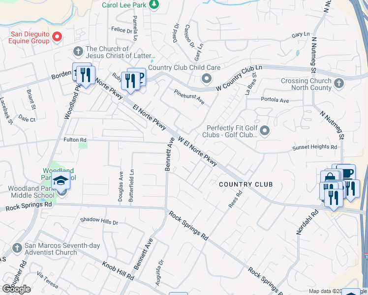 map of restaurants, bars, coffee shops, grocery stores, and more near 2155 West El Norte Parkway in Escondido