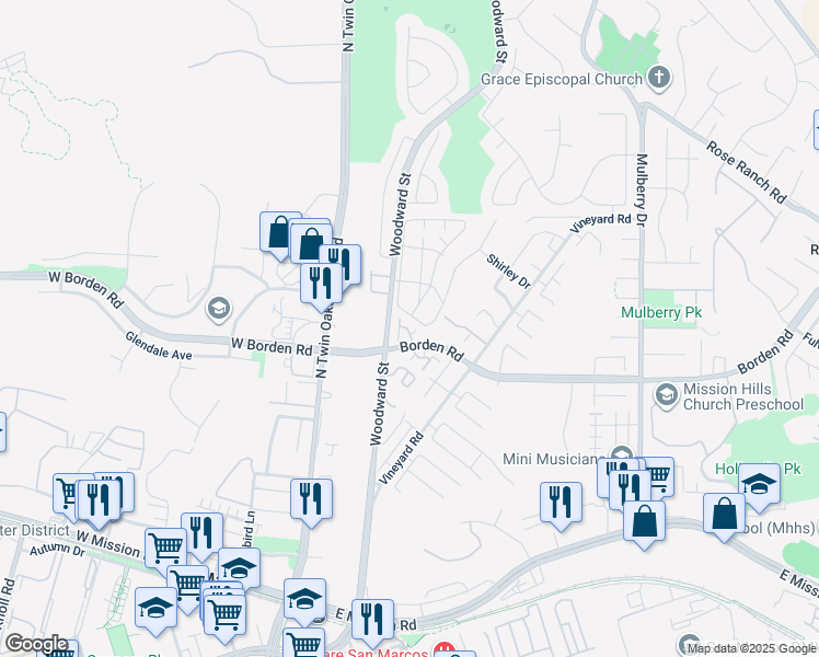map of restaurants, bars, coffee shops, grocery stores, and more near 300 Borden Road in San Marcos