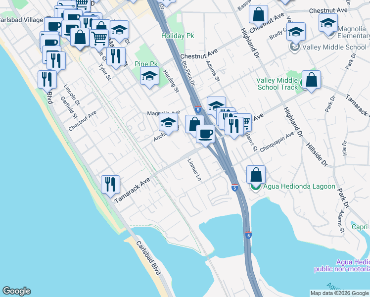 map of restaurants, bars, coffee shops, grocery stores, and more near 670 Tamarack Avenue in Carlsbad