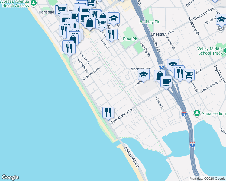 map of restaurants, bars, coffee shops, grocery stores, and more near 318 Juniper Avenue in Carlsbad