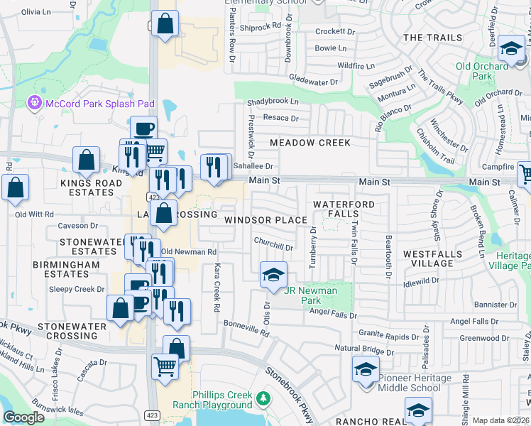 map of restaurants, bars, coffee shops, grocery stores, and more near 1103 Heathrow Drive in Frisco