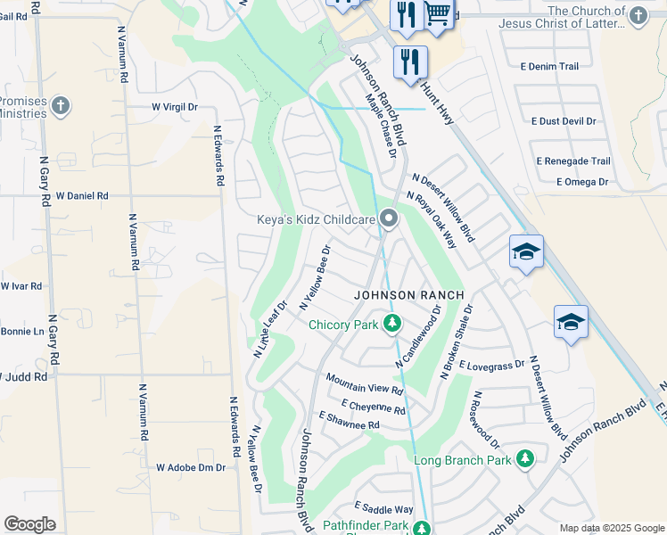 map of restaurants, bars, coffee shops, grocery stores, and more near 118 East Rock Wren Drive in San Tan Valley