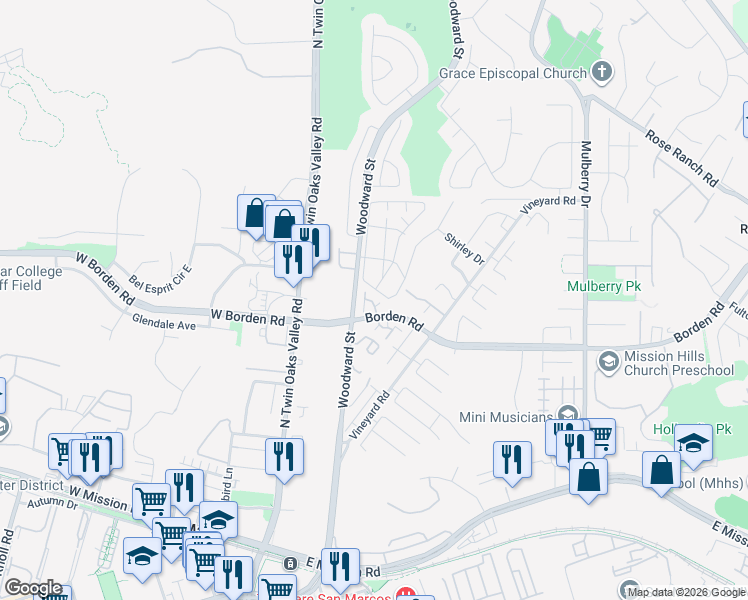 map of restaurants, bars, coffee shops, grocery stores, and more near 362 Borden Road in San Marcos
