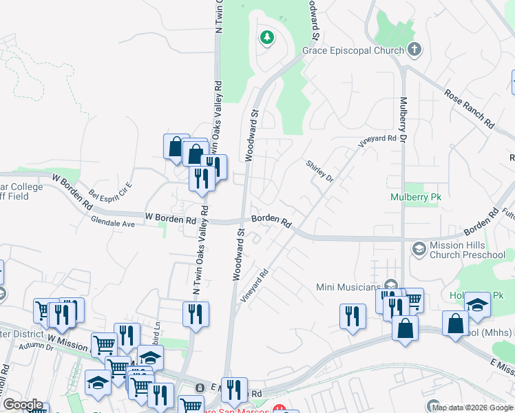 map of restaurants, bars, coffee shops, grocery stores, and more near 300 Borden Road in San Marcos