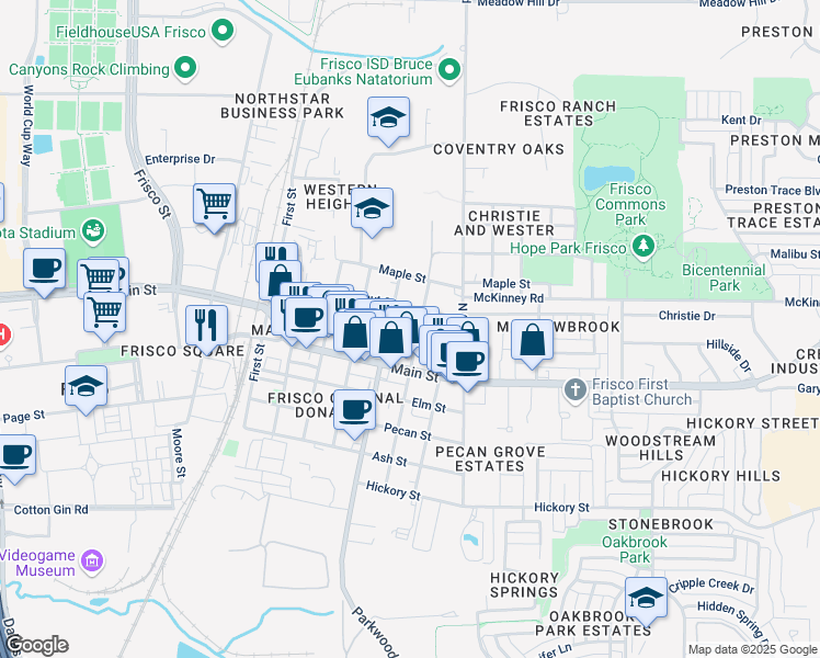 map of restaurants, bars, coffee shops, grocery stores, and more near 9008 5th Street in Frisco