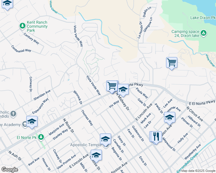 map of restaurants, bars, coffee shops, grocery stores, and more near 1968 Drew Road in Escondido