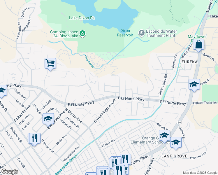 map of restaurants, bars, coffee shops, grocery stores, and more near 2739 Prairiestone Way in Escondido