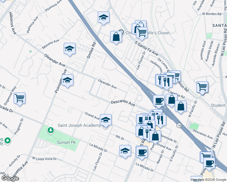 map of restaurants, bars, coffee shops, grocery stores, and more near 3358 Oleander Avenue in San Marcos