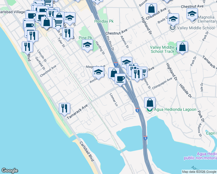 map of restaurants, bars, coffee shops, grocery stores, and more near 670 Tamarack Avenue in Carlsbad