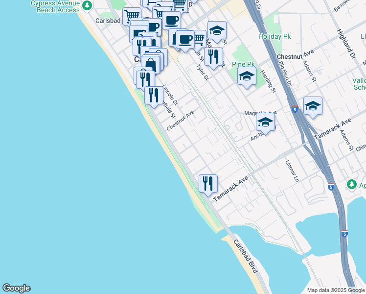 map of restaurants, bars, coffee shops, grocery stores, and more near 140 Acacia Avenue in Carlsbad