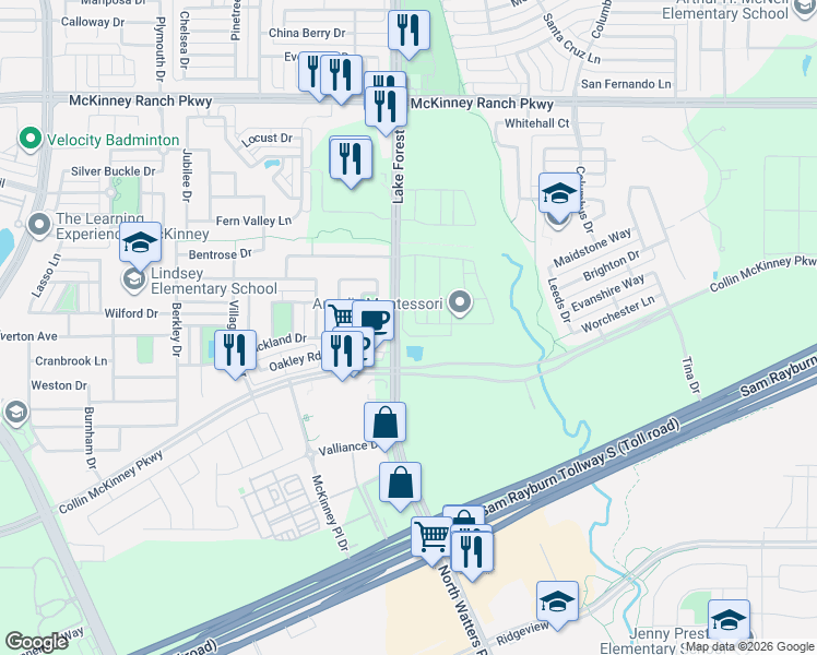 map of restaurants, bars, coffee shops, grocery stores, and more near 4925 Shore Crest Drive in McKinney