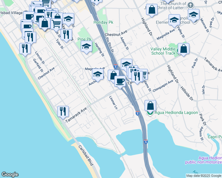 map of restaurants, bars, coffee shops, grocery stores, and more near 664 Tamarack Avenue in Carlsbad