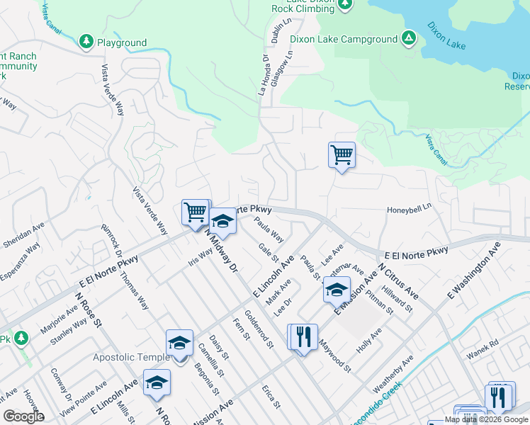 map of restaurants, bars, coffee shops, grocery stores, and more near 1126 Paula Way in Escondido
