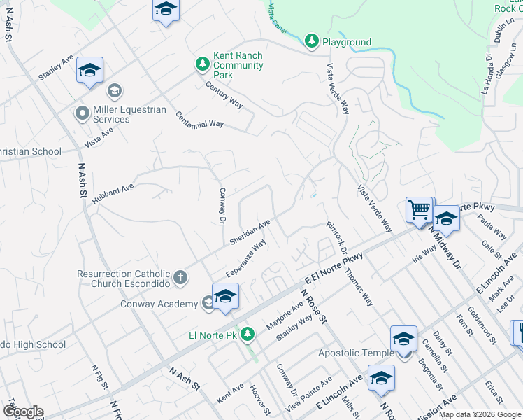 map of restaurants, bars, coffee shops, grocery stores, and more near 1518 Esperanza Way in Escondido