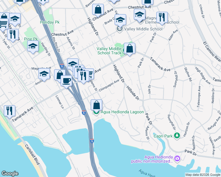 map of restaurants, bars, coffee shops, grocery stores, and more near 1165 Chinquapin Avenue in Carlsbad